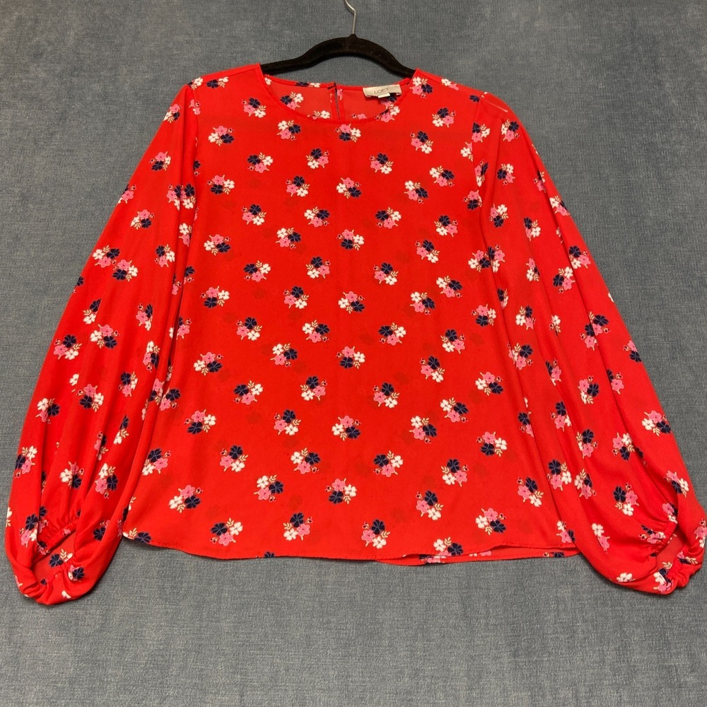 LOFT Outlet Blouse Top Womens XS Orange Floral Print Balloon Sleeve Back Keyhole